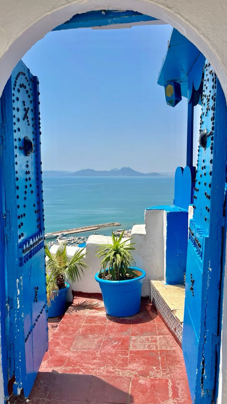 Colorful doorways and potted plants along a blue alley in Chefchaouen Morocco